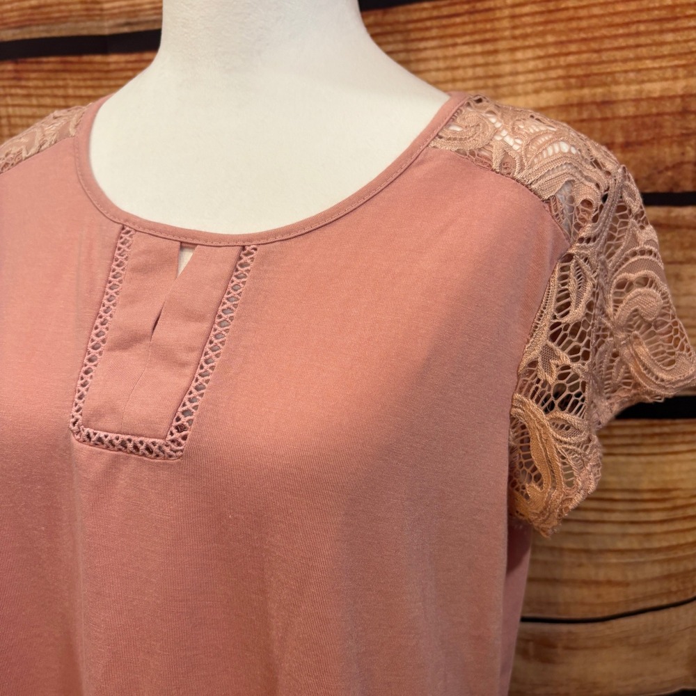 Womens Pink 1/4 Length Cap Sleeve/Back Boho Lace Detail Scoop Neck Size L - Picture 2 of 7